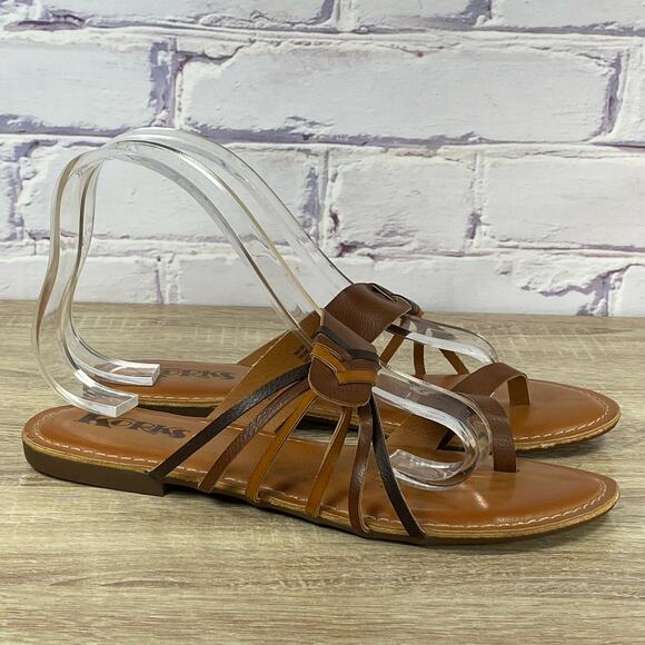 Korks Raine Brown Flat Strappy Thong Sandals Women's Size 9 Kork-Ease Toe Loop - Picture 1 of 7